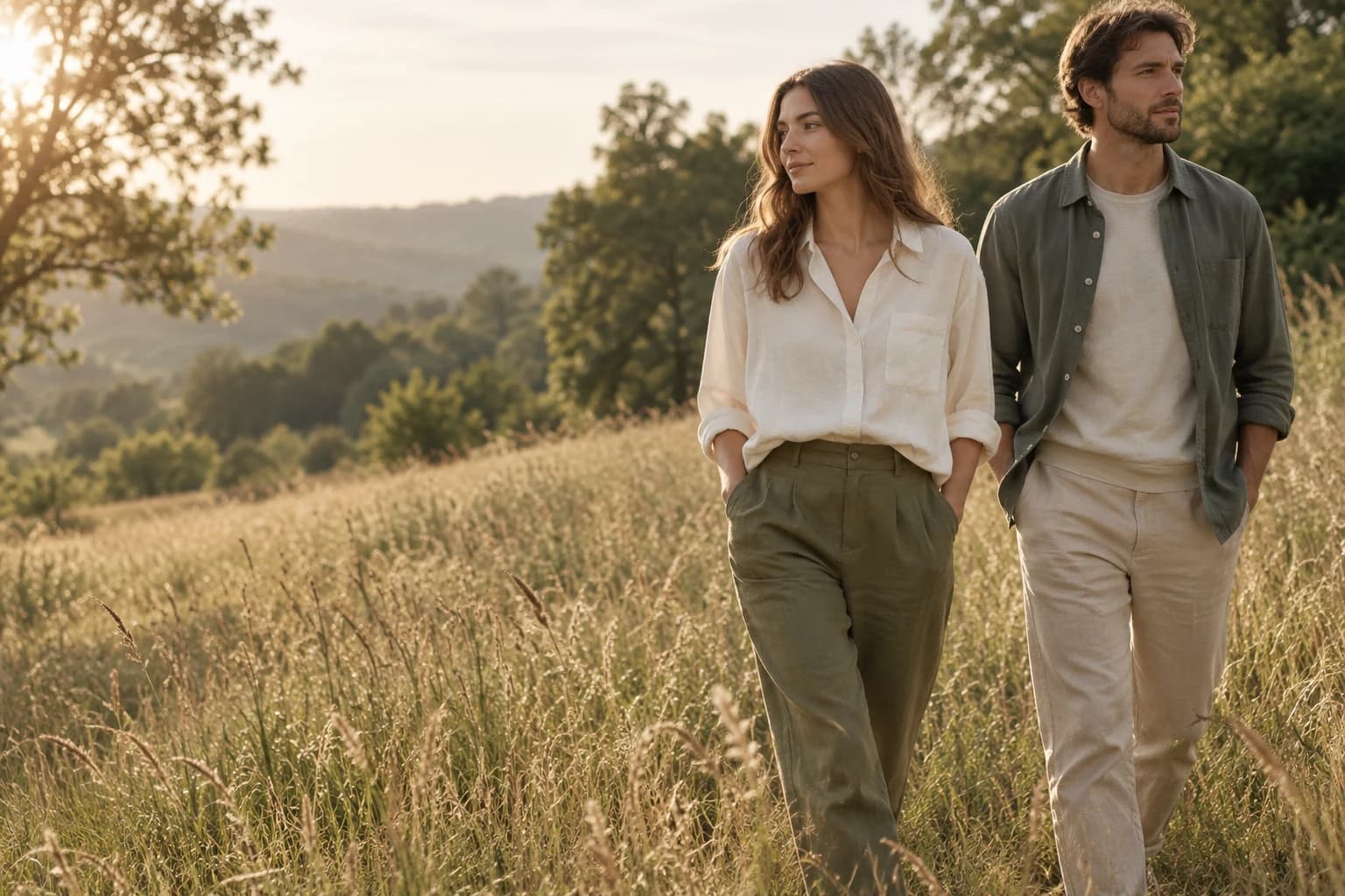 Two people wearing relaxed natural fiber clothing in a sunlit meadow